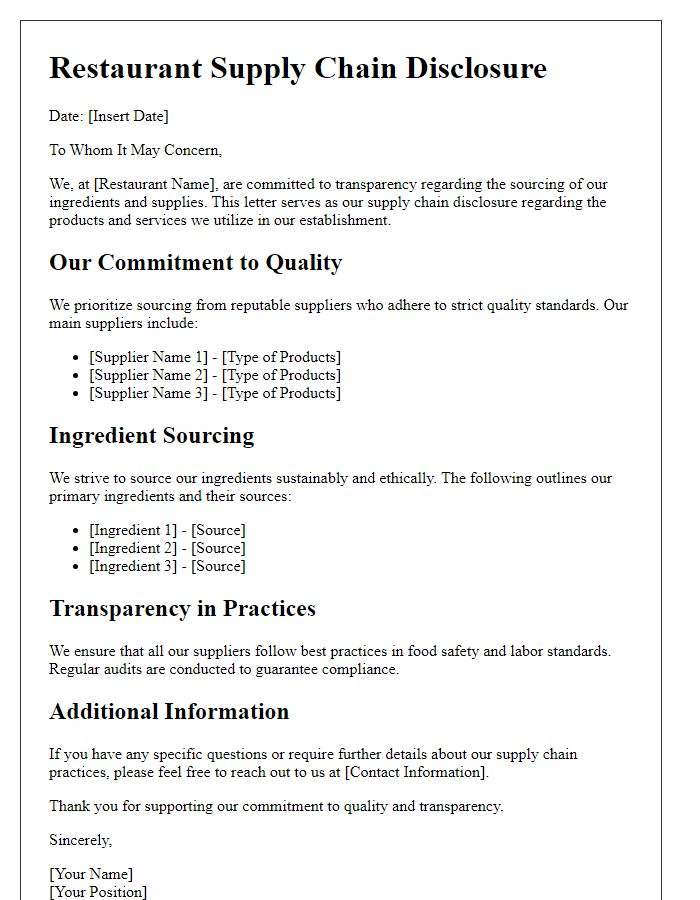 Letter template of Restaurant Supply Chain Disclosure