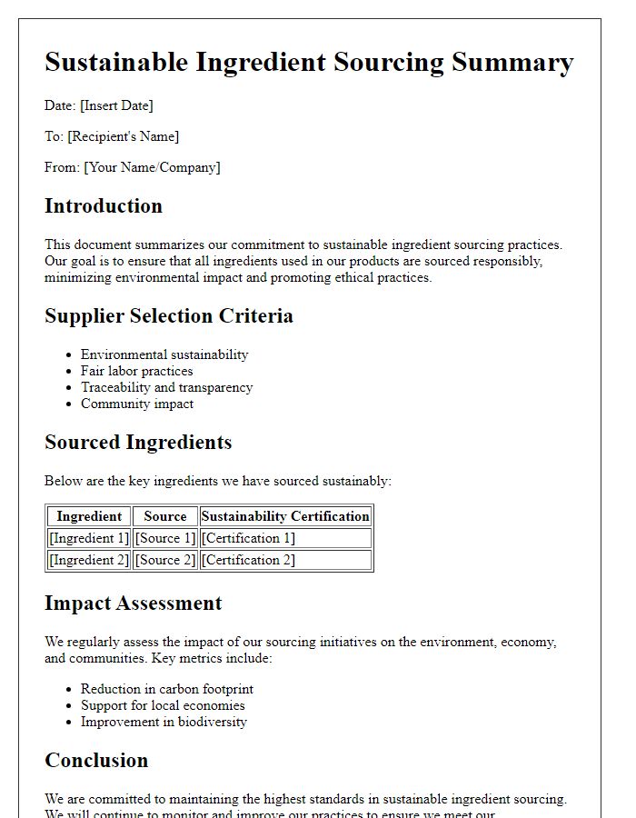 Letter template of Sustainable Ingredient Sourcing Summary