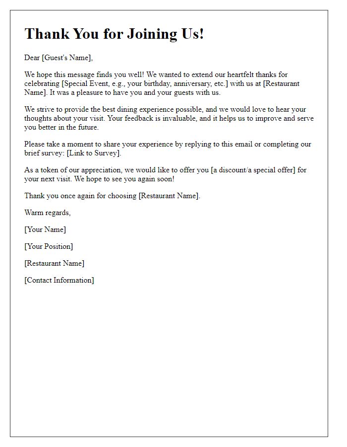 Letter template of restaurant feedback follow-up addressing a special event.