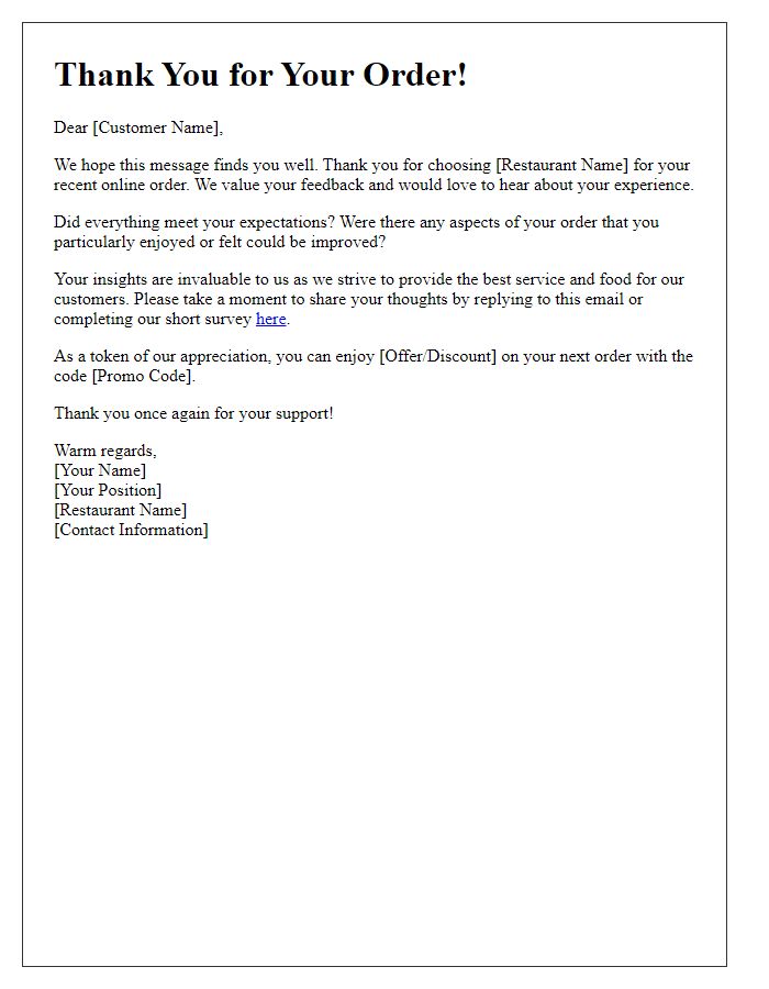 Letter template of restaurant feedback follow-up after using online ordering.