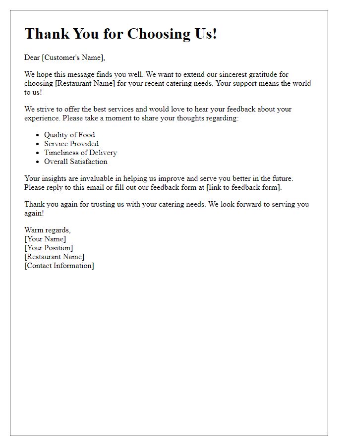 Letter template of restaurant feedback follow-up for catering services.