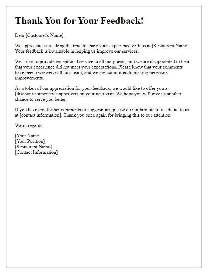 Letter template of restaurant feedback follow-up focusing on service quality.