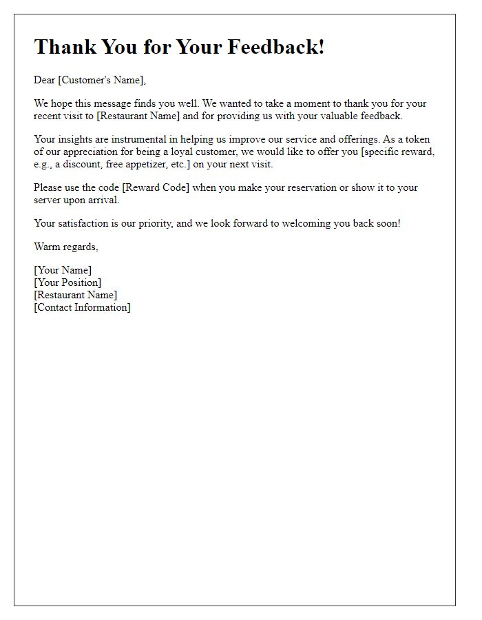 Letter template of restaurant feedback follow-up to reward loyal customers.