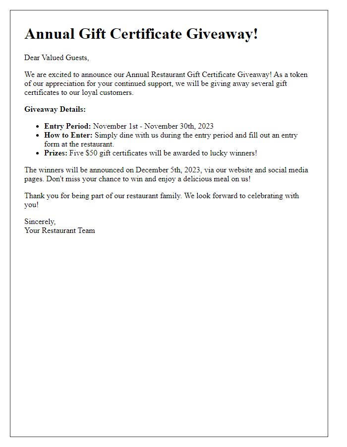 Letter template of Annual Restaurant Gift Certificate Giveaway Announcement