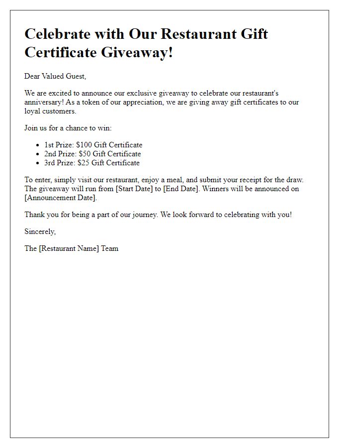 Letter template of Celebrate with Our Restaurant Gift Certificate Giveaway