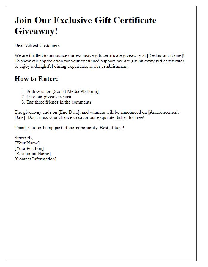 Letter template of Exclusive Restaurant Gift Certificate Giveaway Announcement