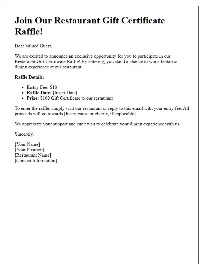 Letter template of Participate in Our Restaurant Gift Certificate Raffle