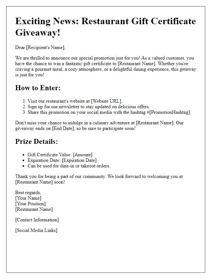 Letter template of Special Promotion: Restaurant Gift Certificate Giveaway