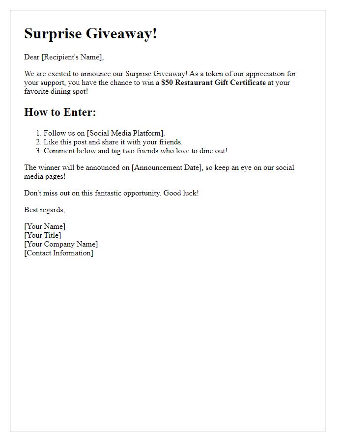 Letter template of Surprise Giveaway: Win a Restaurant Gift Certificate