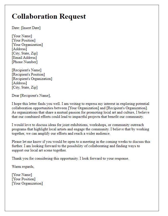 Letter template of collaboration request with local art organizations.