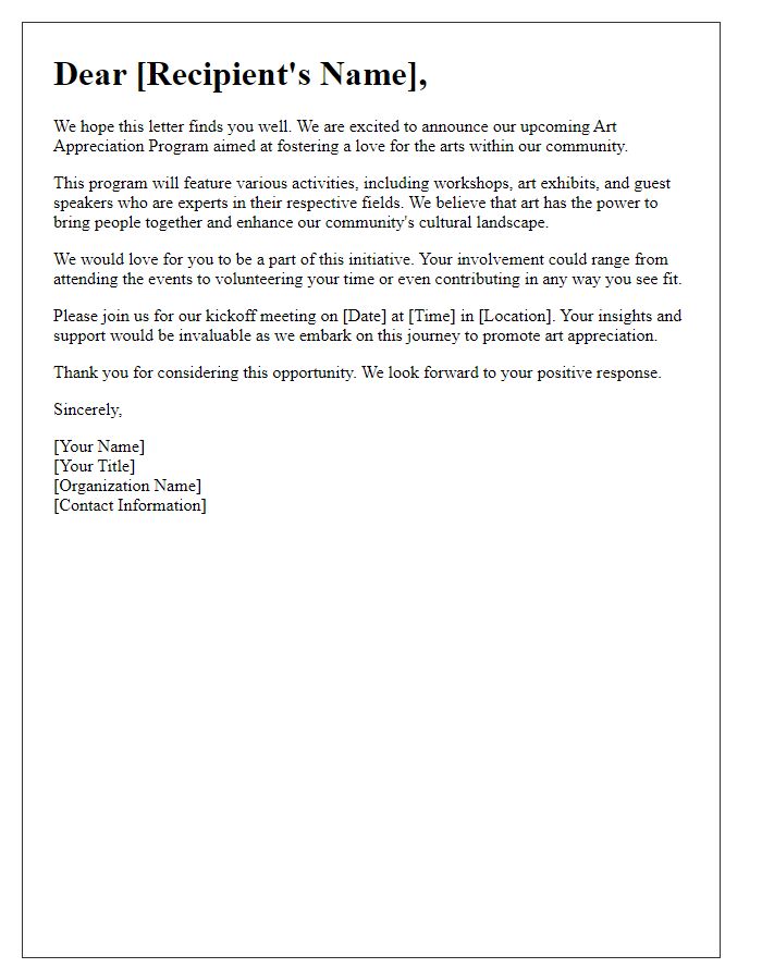 Letter template of community outreach for art appreciation programs.