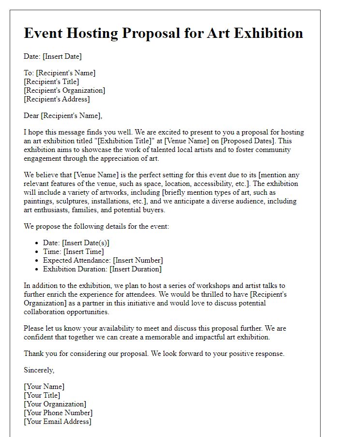 Letter template of event hosting proposal for art exhibitions.