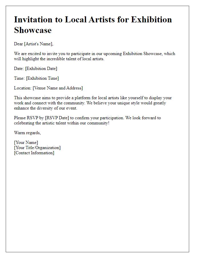 Letter template of invitation to local artists for exhibition showcase.