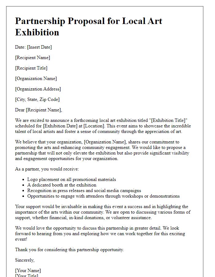 Letter template of partnership proposal for local art exhibition support.