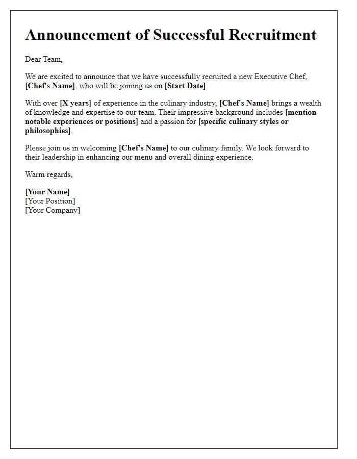 Letter template of executive chef recruitment success announcement.