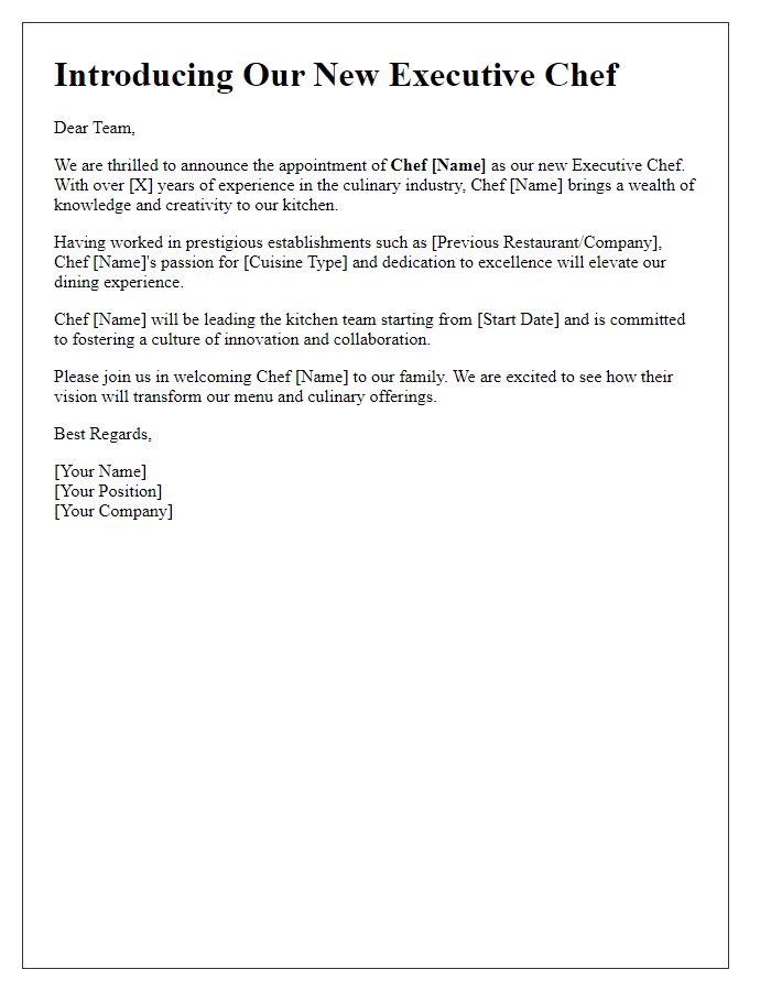 Letter template of introducing the executive chef who will lead our kitchen.