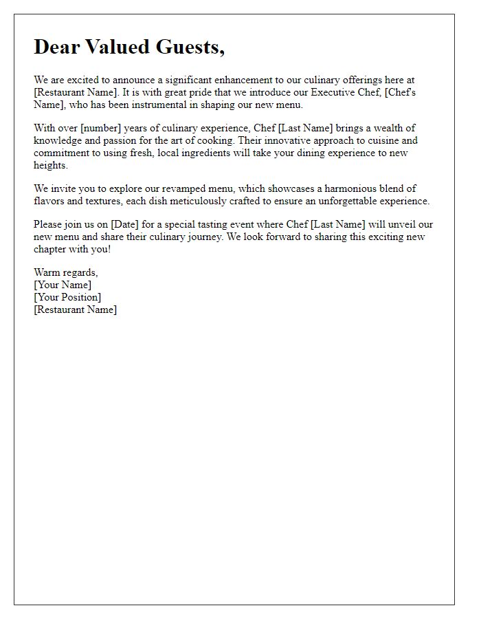 Letter template of unveiling our executive chef's role in enhancing our menu.