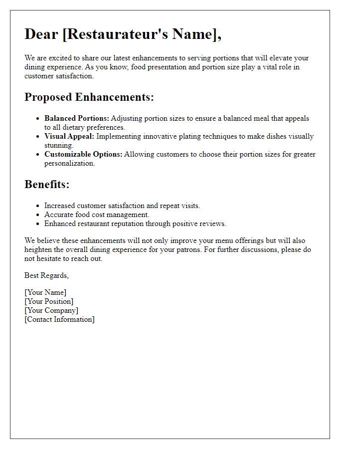 Letter template of Enhancements to Serving Portions for Restaurateurs