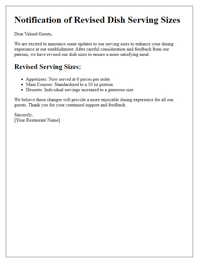 Letter template of Revised Dish Serving Sizes for Guests