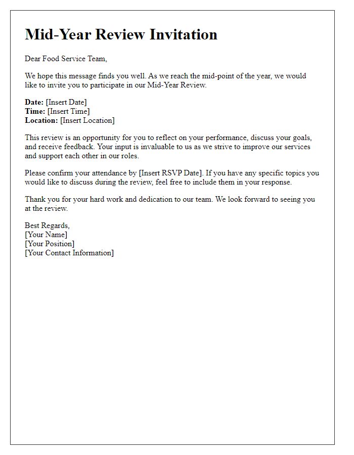 Letter template of Mid-Year Review Invite for Food Service Workers