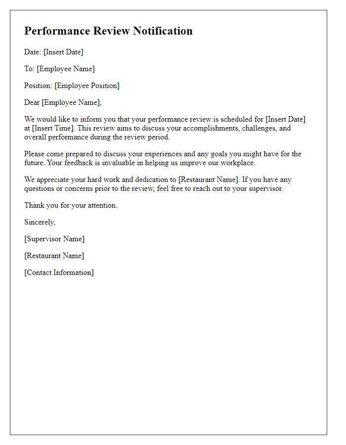 Letter template of Restaurant Employee Performance Review Notification