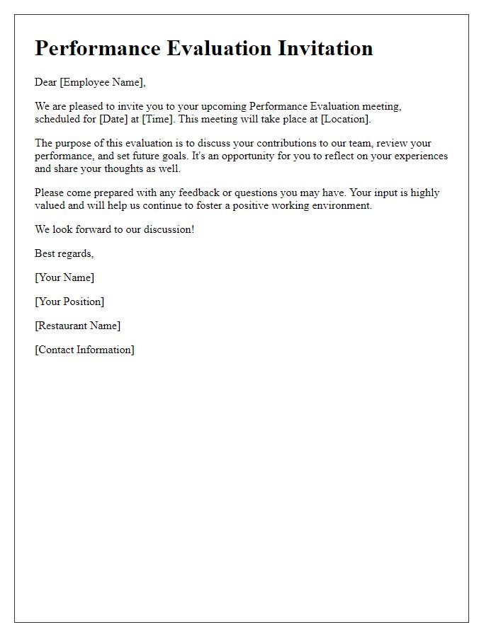 Letter template of Restaurant Team Performance Evaluation Invite