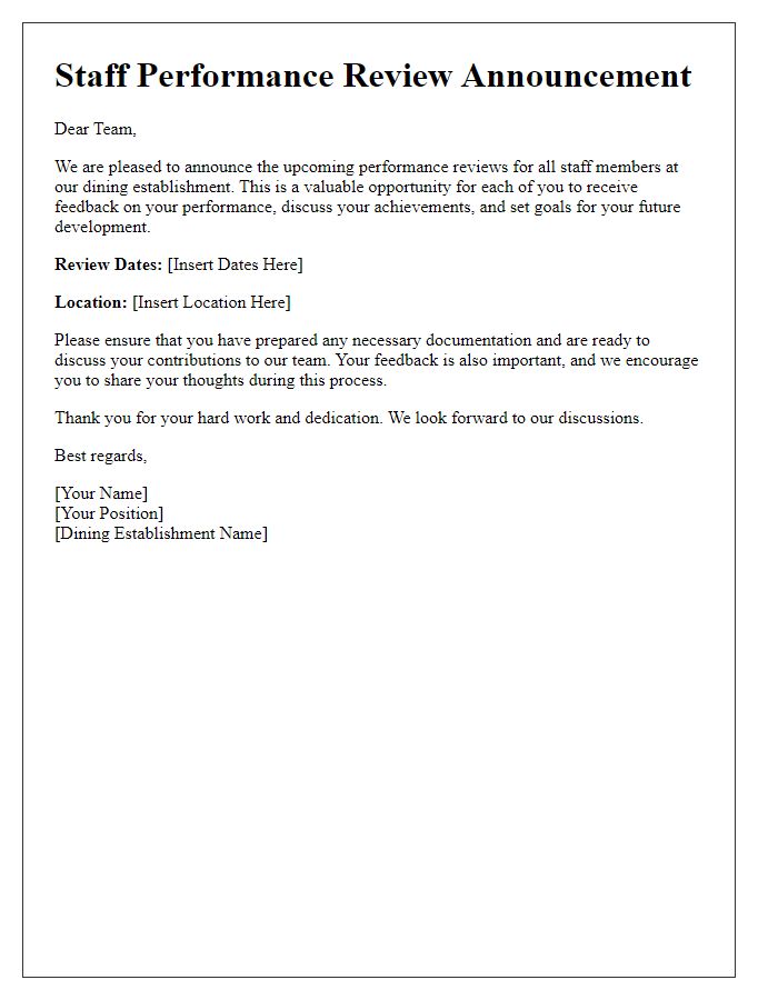 Letter template of Staff Performance Review Announcement for Dining Establishment