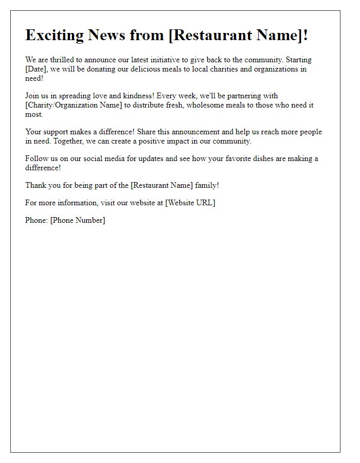 Letter template of restaurant food donation announcement for social media