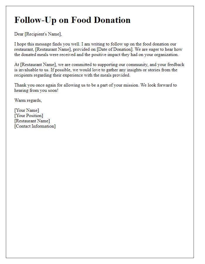 Letter template of restaurant food donation follow-up with recipients