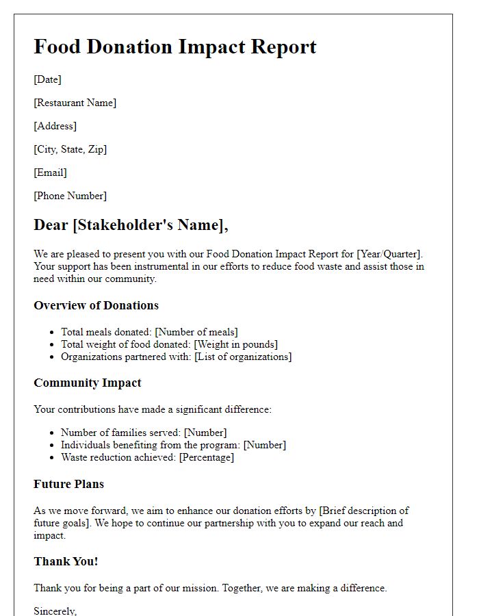 Letter template of restaurant food donation impact report for stakeholders