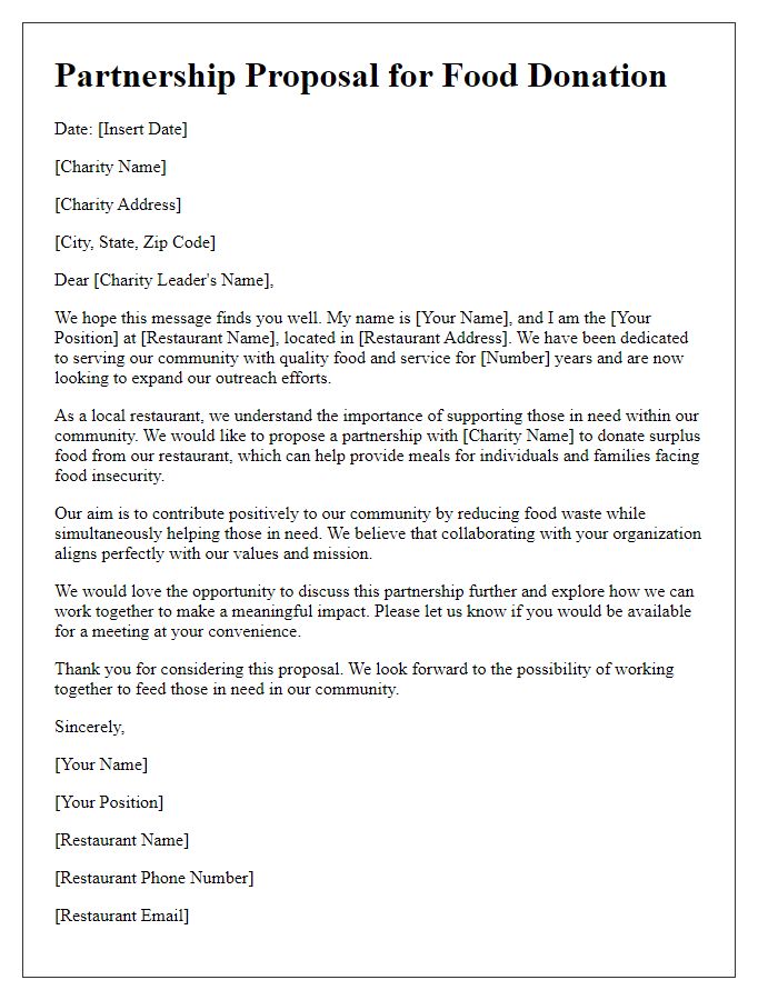 Letter template of restaurant food donation partnership proposal to local charities