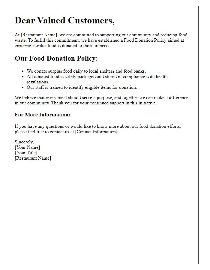 Letter template of restaurant food donation policy communication to customers