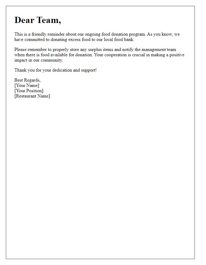 Letter template of restaurant food donation reminder to staff members