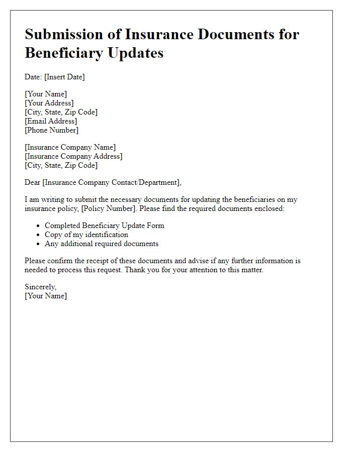 Letter template of insurance documents submission for beneficiary updates.