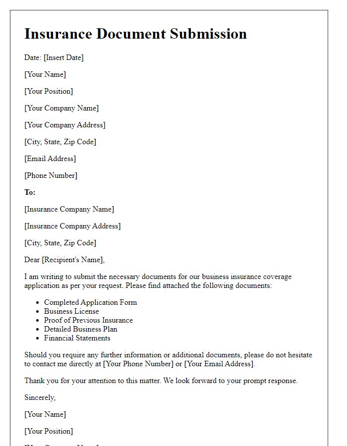 Letter template of insurance documents submission for business coverage.