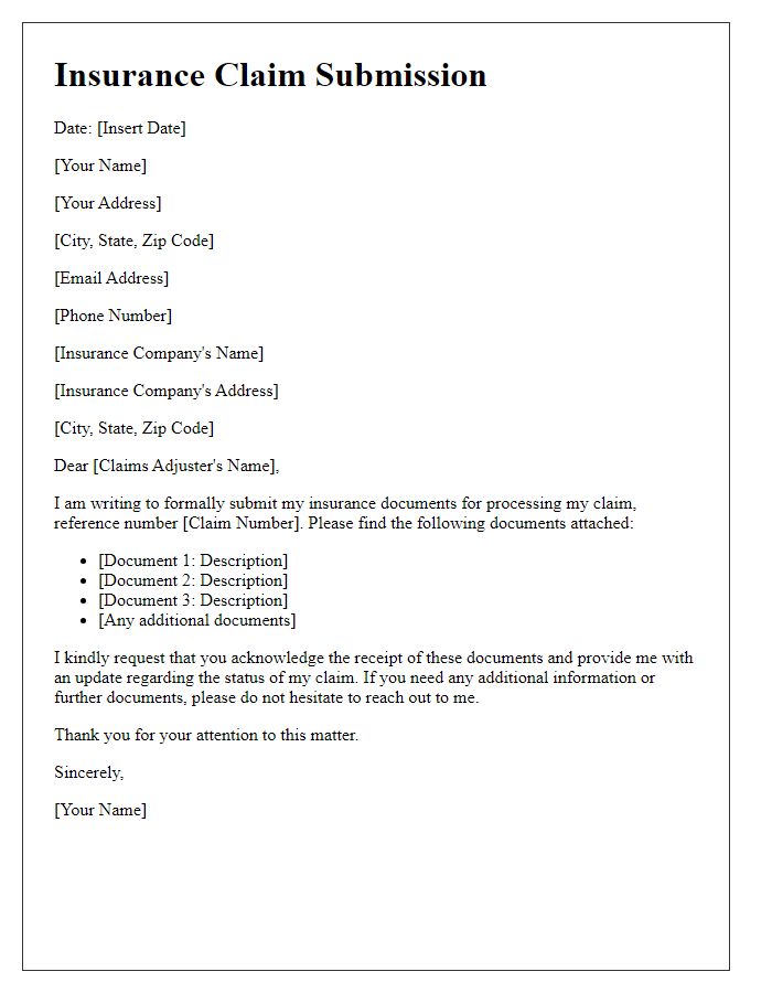 Letter template of insurance documents submission for claims processing.