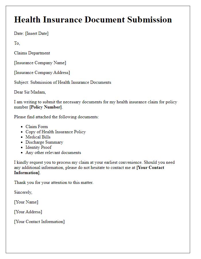 Letter template of insurance documents submission for health insurance.