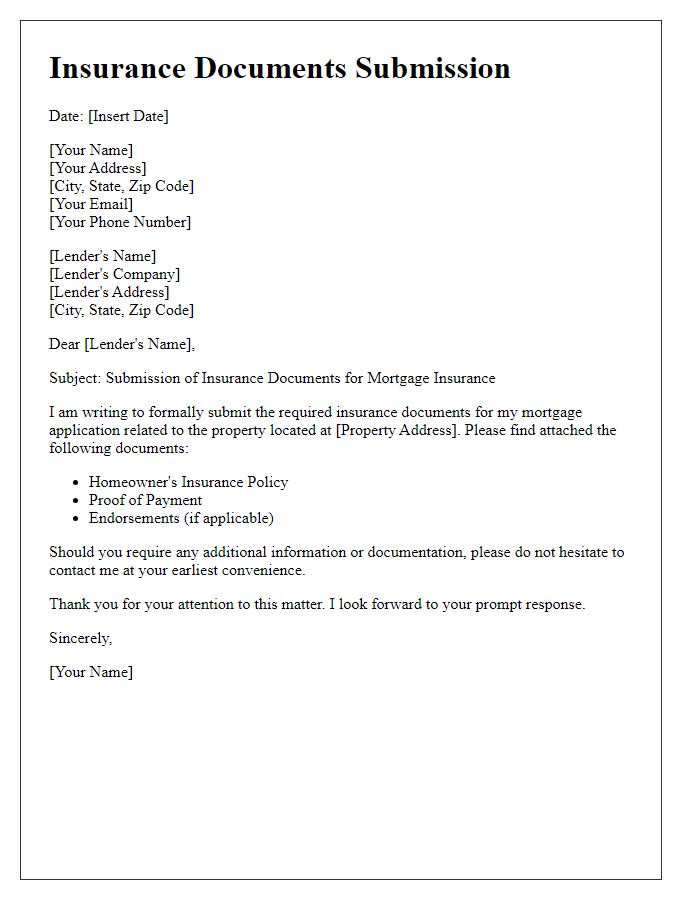 Letter template of insurance documents submission for mortgage insurance.