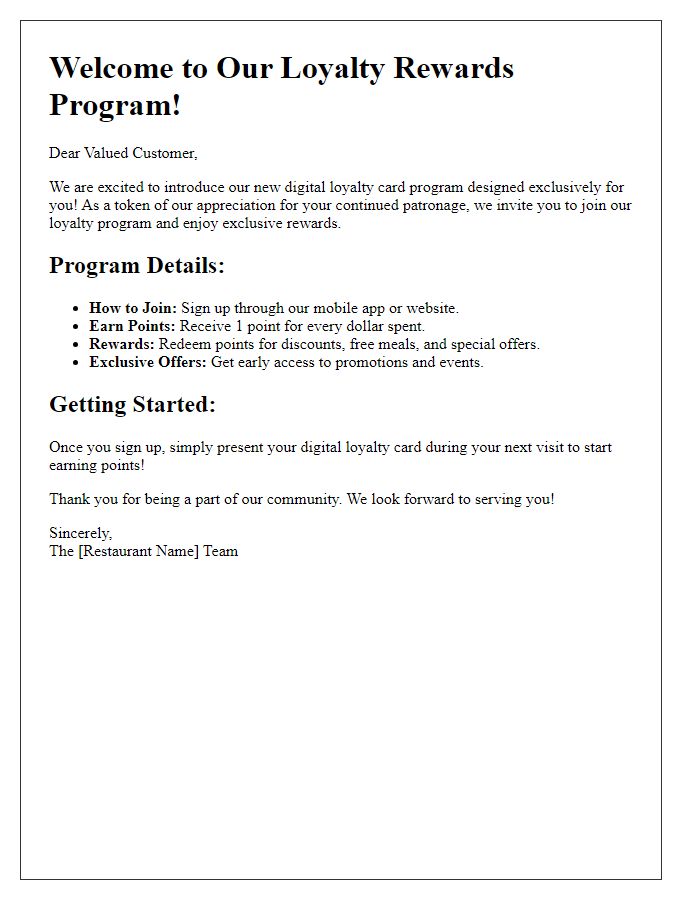 Letter template of digital loyalty card program details for restaurant customers.