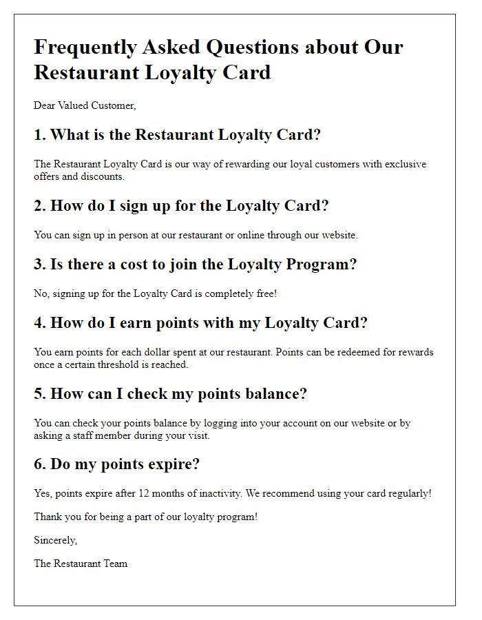 Letter template of frequently asked questions about our restaurant loyalty card.