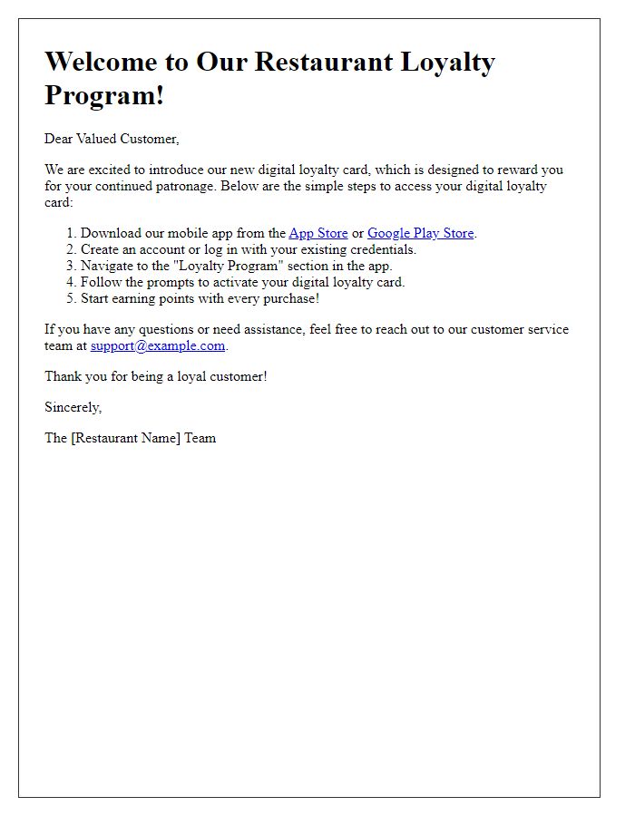 Letter template of how to access your restaurant digital loyalty card.