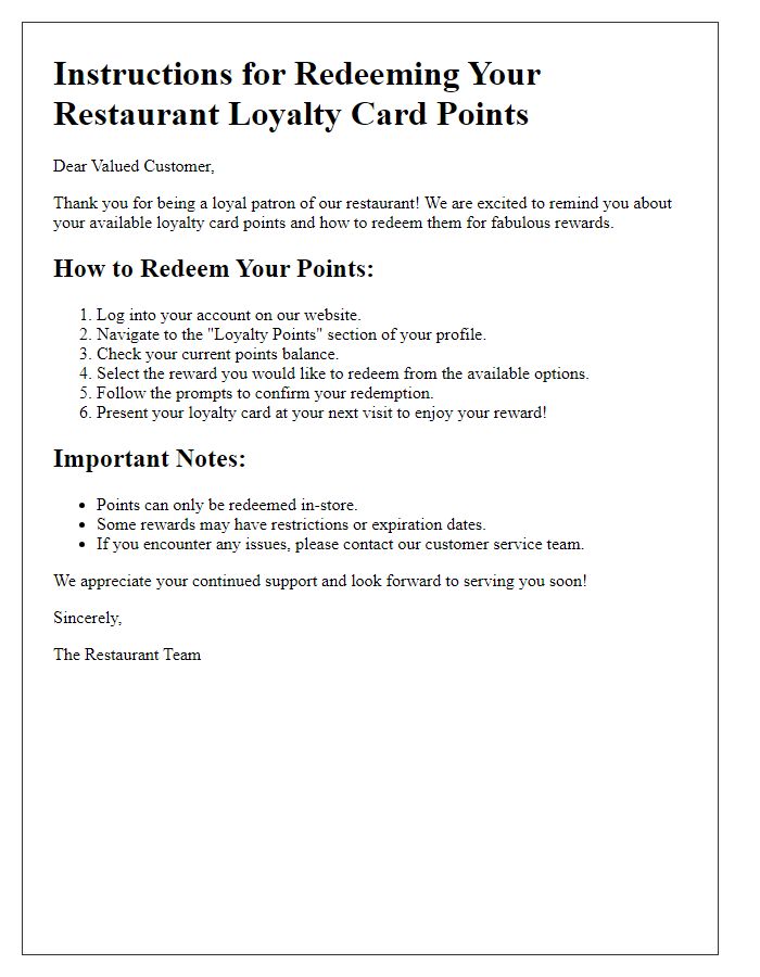 Letter template of instructions for redeeming restaurant loyalty card points.