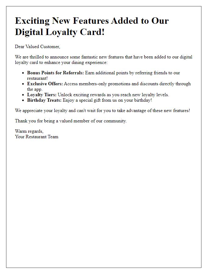 Letter template of new features added to our restaurant digital loyalty card.