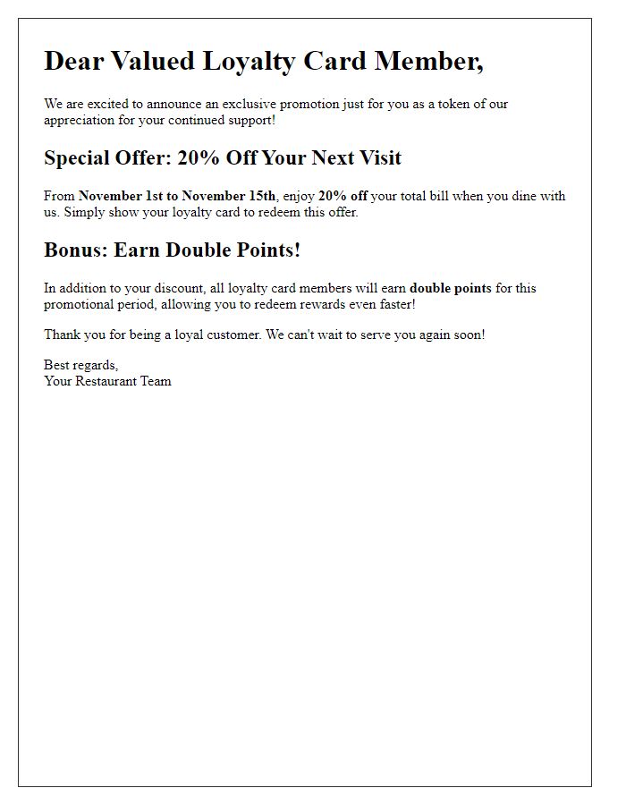 Letter template of special promotions for restaurant loyalty card members.