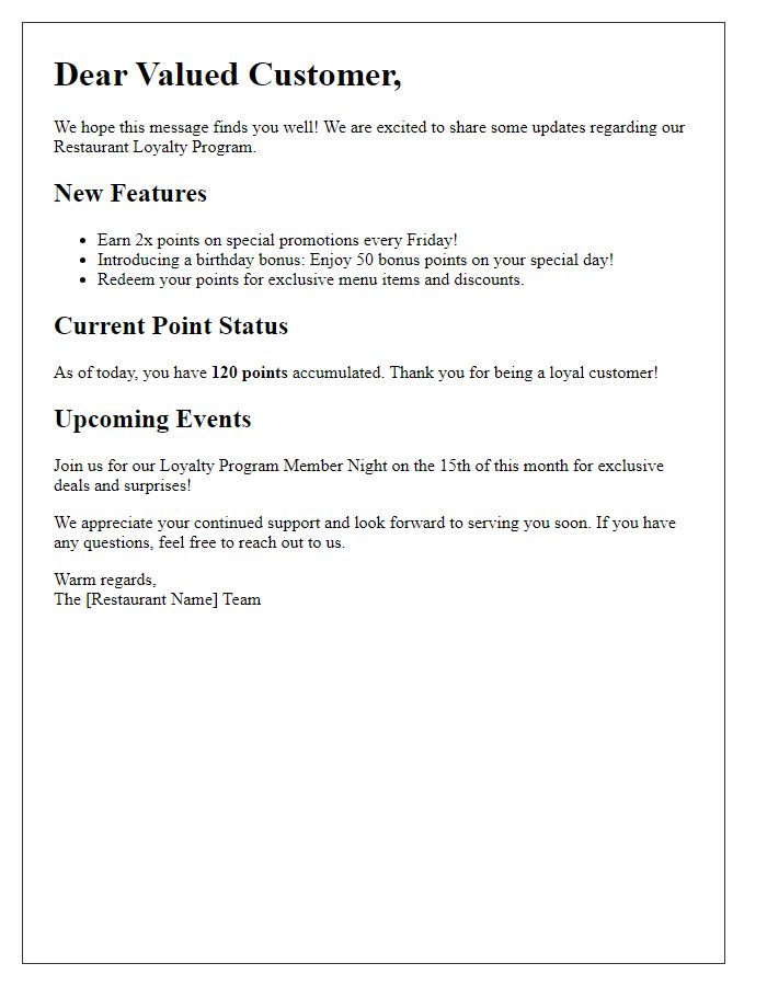 Letter template of updates regarding our restaurant loyalty program.