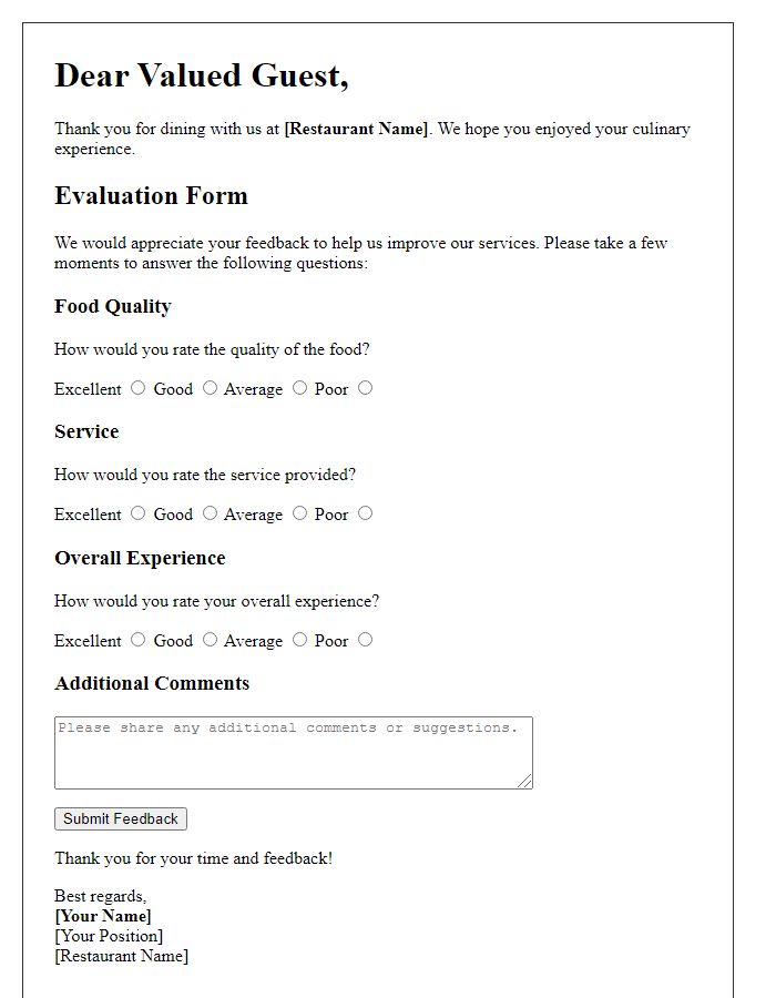 Letter template of a culinary experience evaluation for guests.