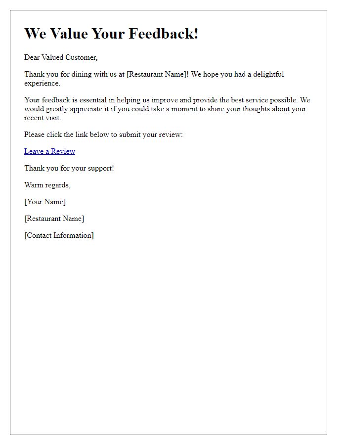 Letter template of a customer review collection for a restaurant.