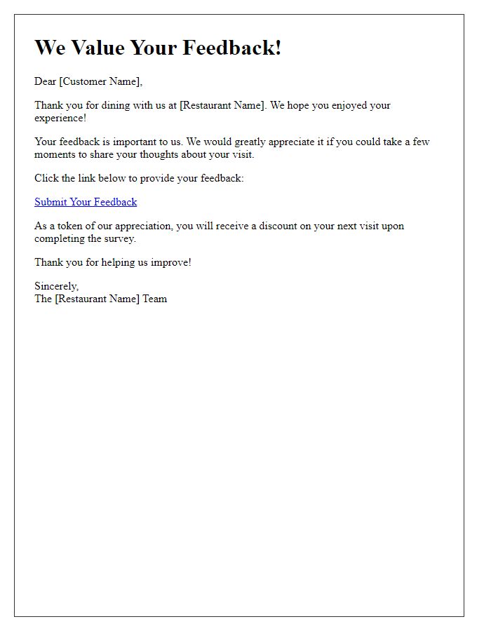 Letter template of a feedback invitation for restaurant customers.