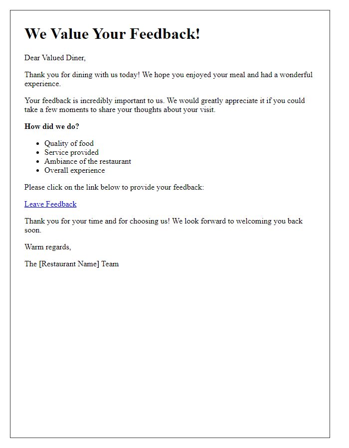 Letter template of a post-meal feedback solicitation for diners.