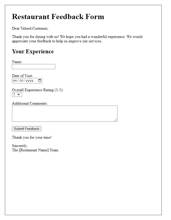 Letter template of a restaurant experience feedback form.